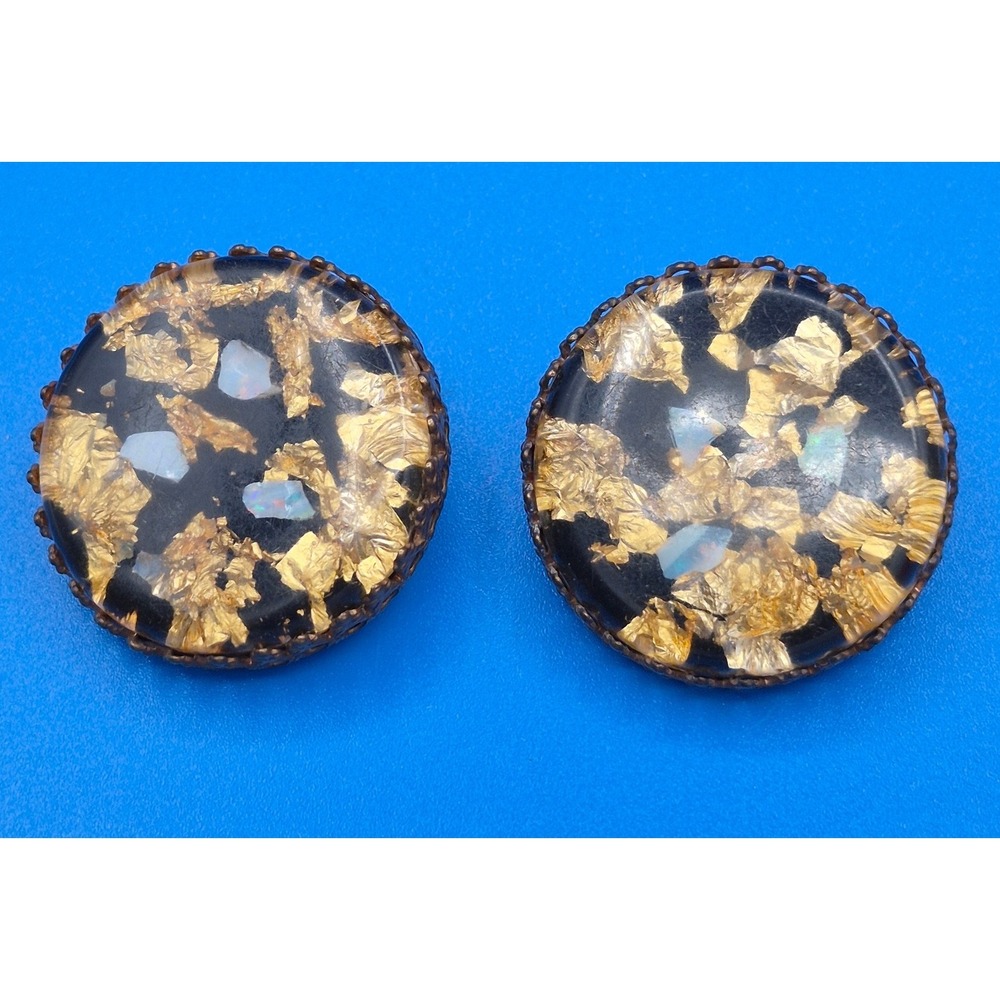 Vintage Earrings Black Gold Leaf Chip Resin Round Dog Tooth